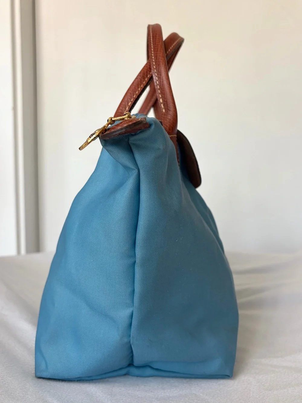 Longchamp Le Pliage Top-Handle Tote in Light Blue w Brown leather, GUC - Picture 5 of 16
